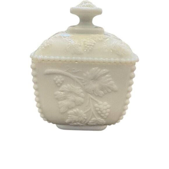 Vintage White Milk Glass Candy Dish W/Grape & Leaf Detail Square Lid - Picture 1 of 9